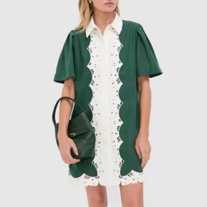 Dark Green Eyelet Trim Cotton Linen Delilah Dress